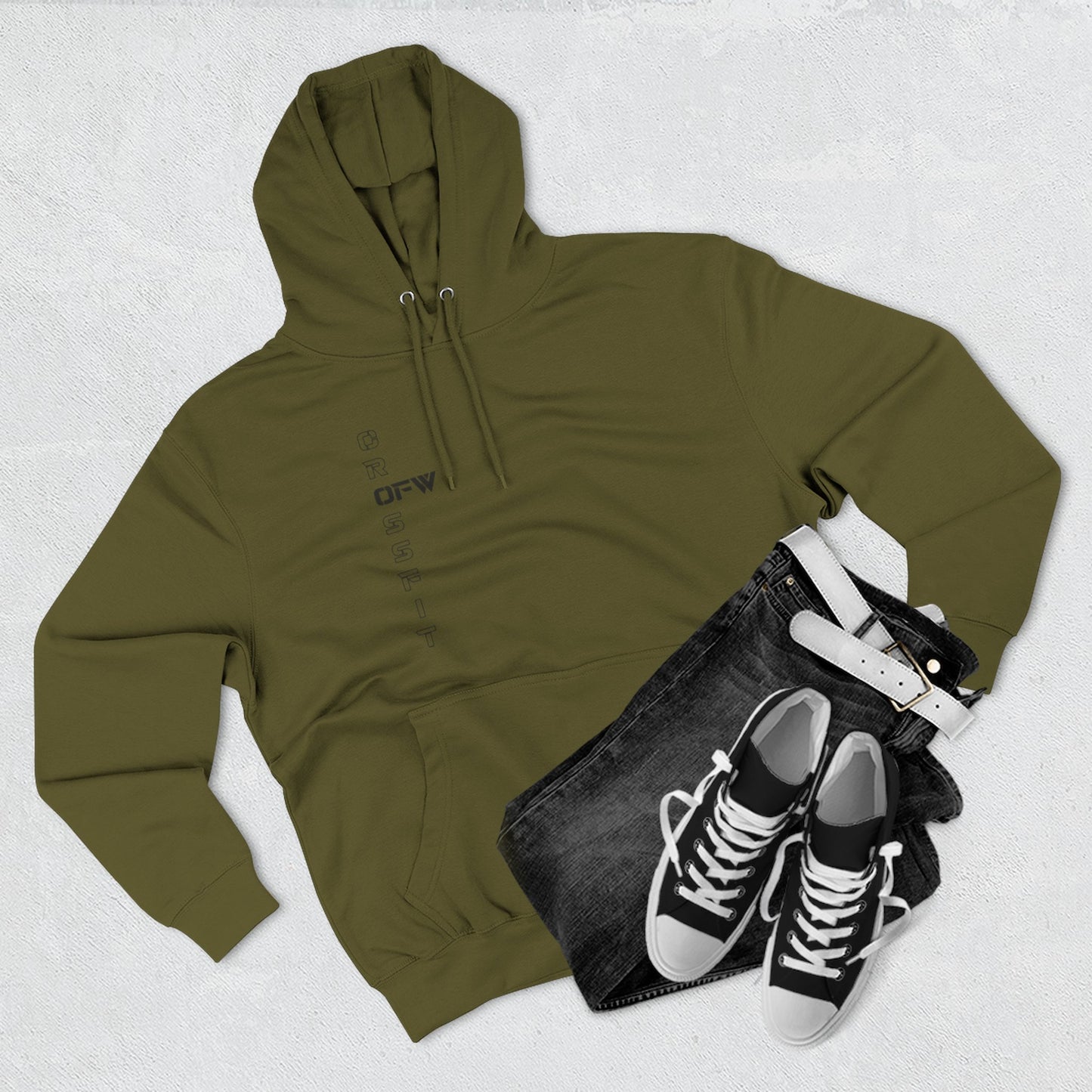 OFW CrossFit Flag Hoodie — Distressed American Flag with Barbell Shield