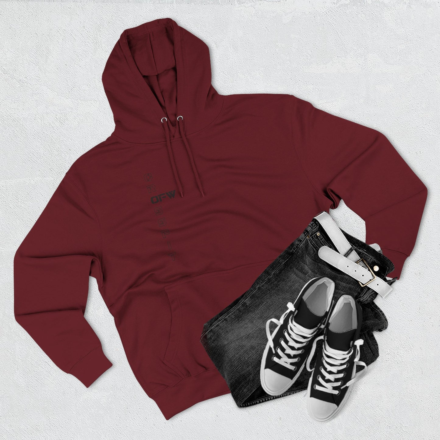 OFW CrossFit Flag Hoodie — Distressed American Flag with Barbell Shield