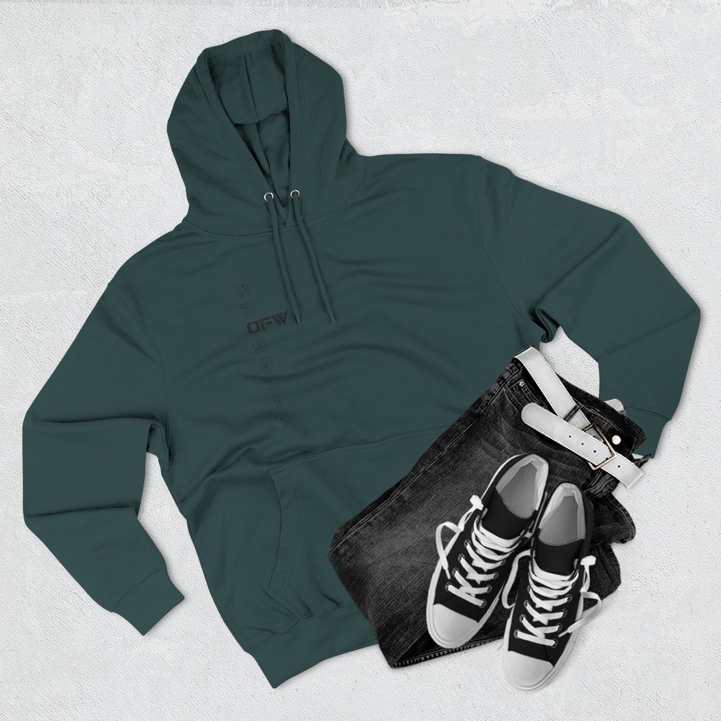 OFW CrossFit Flag Hoodie — Distressed American Flag with Barbell Shield