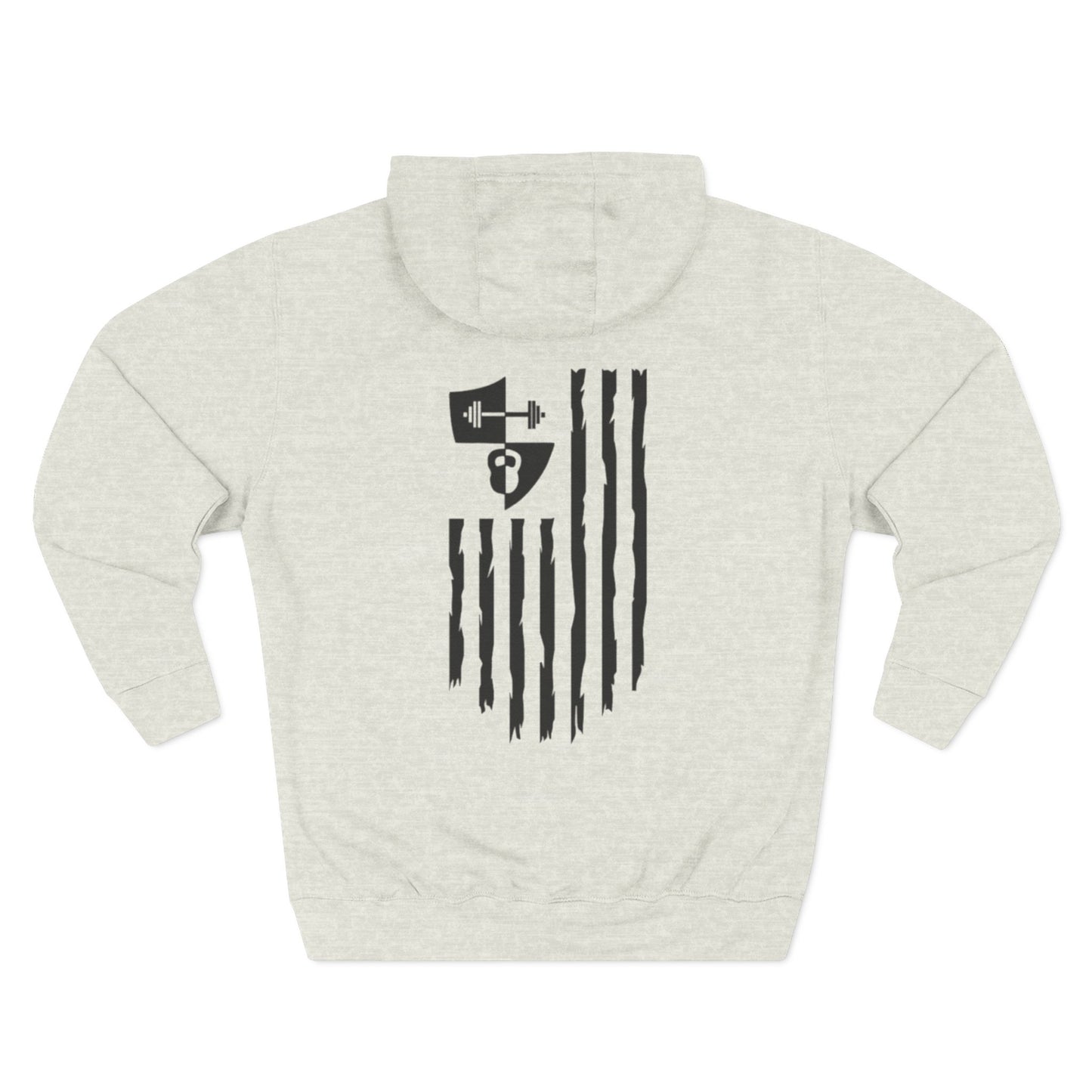 OFW CrossFit Flag Hoodie — Distressed American Flag with Barbell Shield